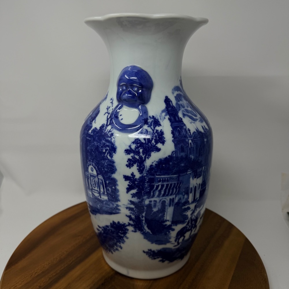 Victoria Ware Ironstone Blue White Scenery Vase Lion‎ Head Handles 13.5 inch